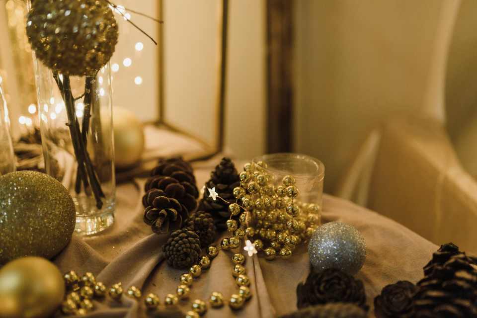 gold and silver beads in holiday decor